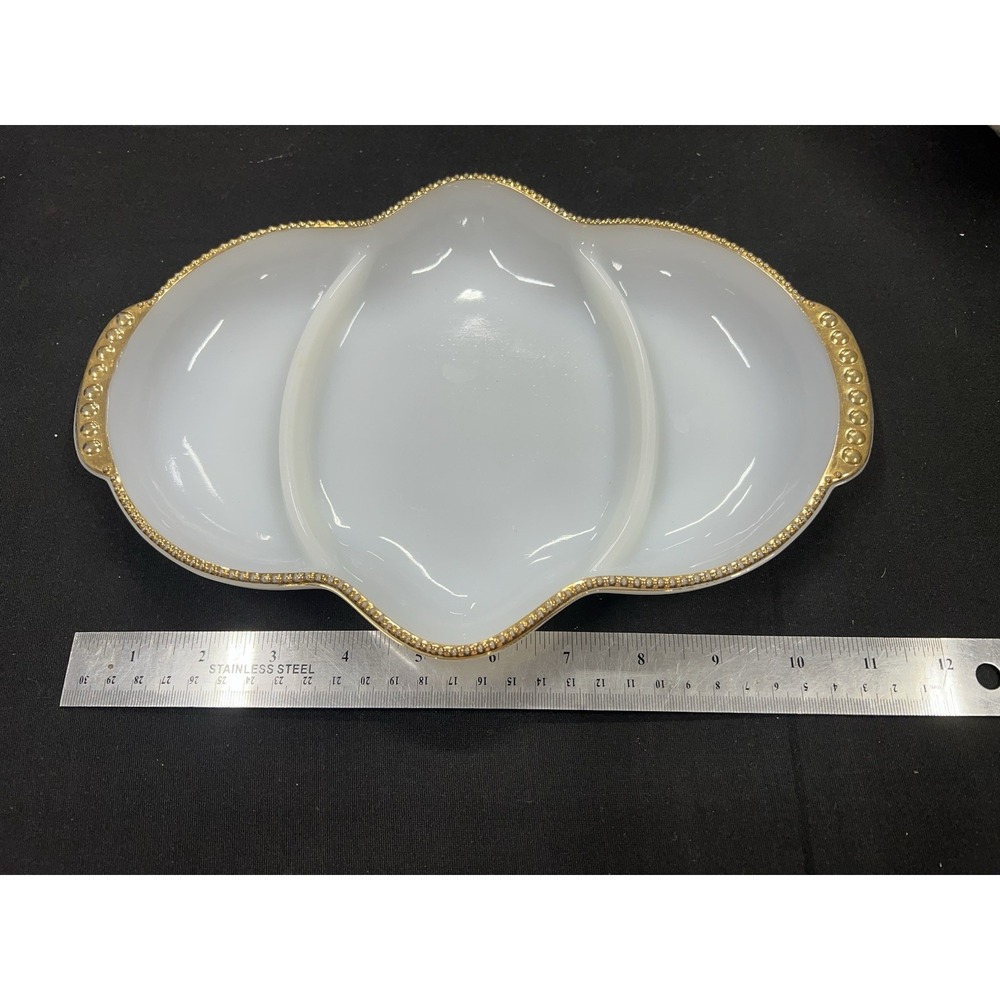 Vintage Fire King Milk Glass Three Compartment Oval Serving Dish w/ Gold Trim